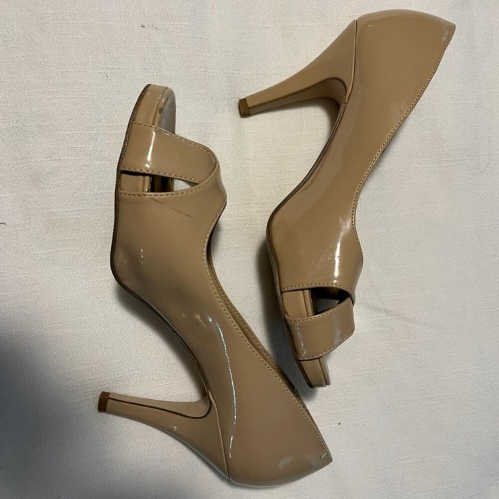 Madden Girl tan patent leather peep toe heels